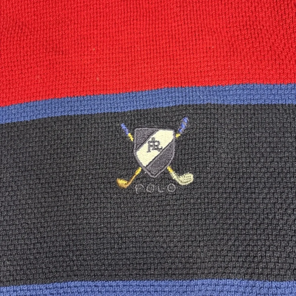 Polo Ralph Lauren Striped Sweater Mens Medium Red Navy Golf Crest Cotton Vintage